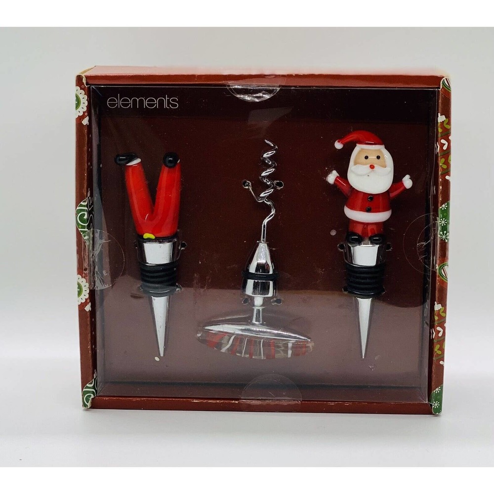 Christmas Wine Stoppers & Corkscrew Santa Claus Art Glass Set of 3